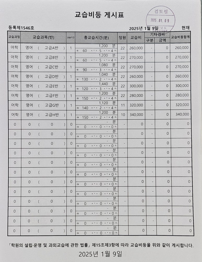 교습비 게시표 - 양덕점,유니시티점,신마산점 사진 2